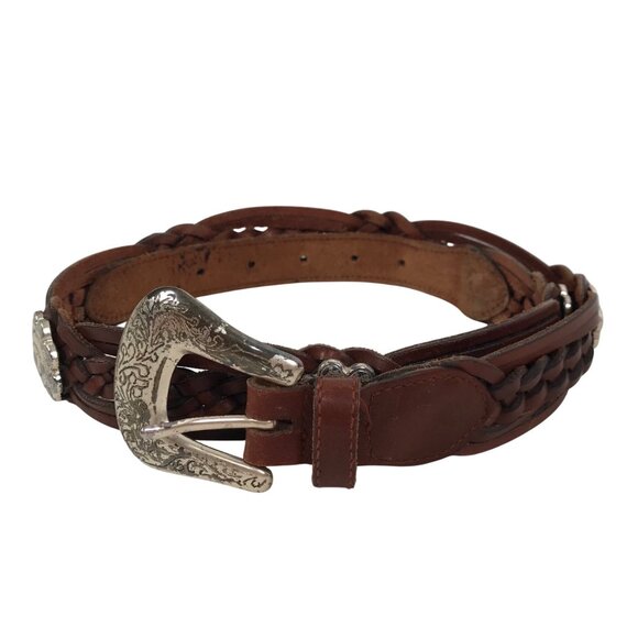 Vintage Fossil Brown Leather Braided Boho Hippie Western Silver Buckle Belt / M main image 4